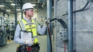 Industrial maintenance technician inspecting SOOW cable installation with troubleshooting checklist in factory