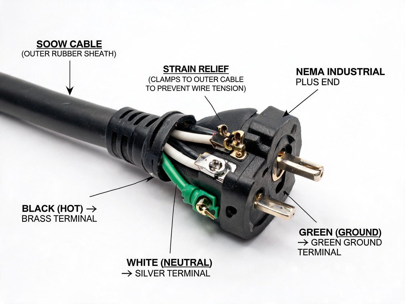 SOOW cable connector and NEMA plug end showing proper wiring and strain relief