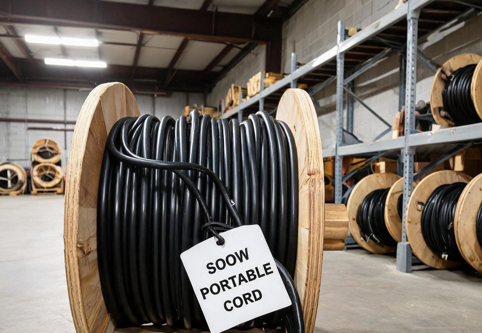 SOOW portable cord stored on wooden reel in warehouse showing proper cable storage