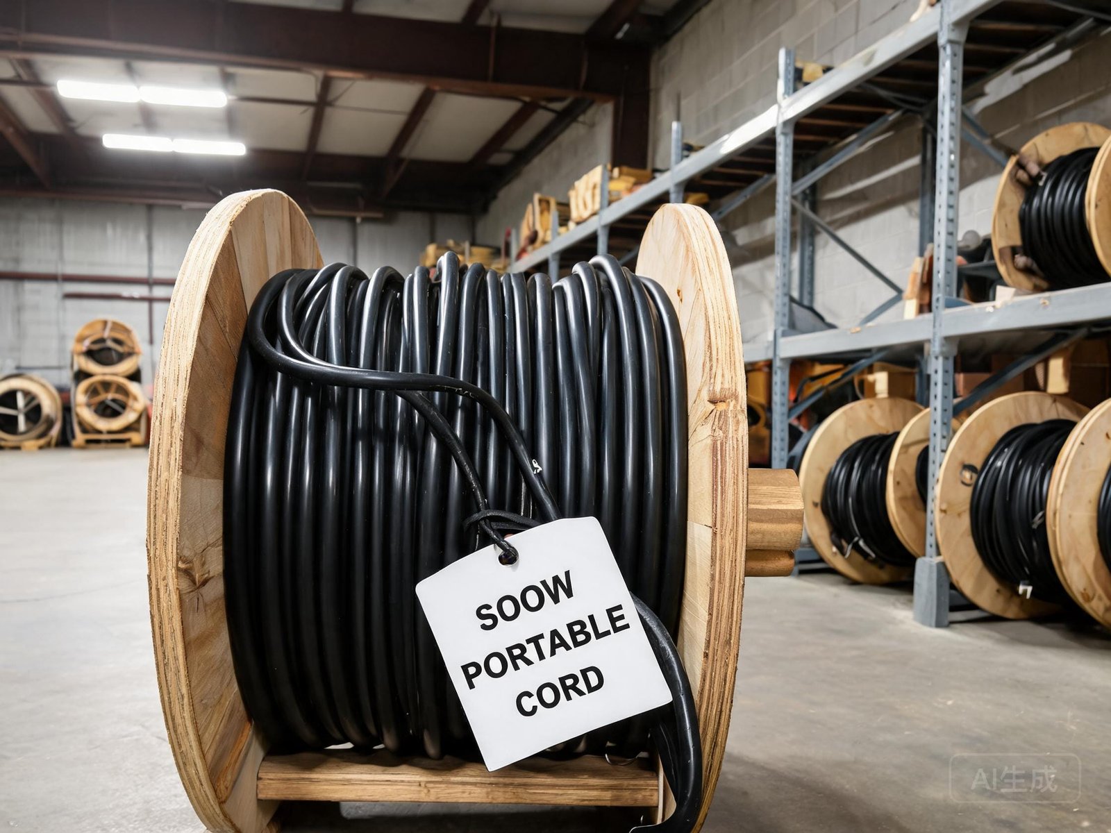 SOOW portable cord stored on wooden reel in warehouse showing proper cable storage