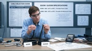 Industrial engineer examining SOOW and SJOOW portable cord samples with cable selection guide and specification charts