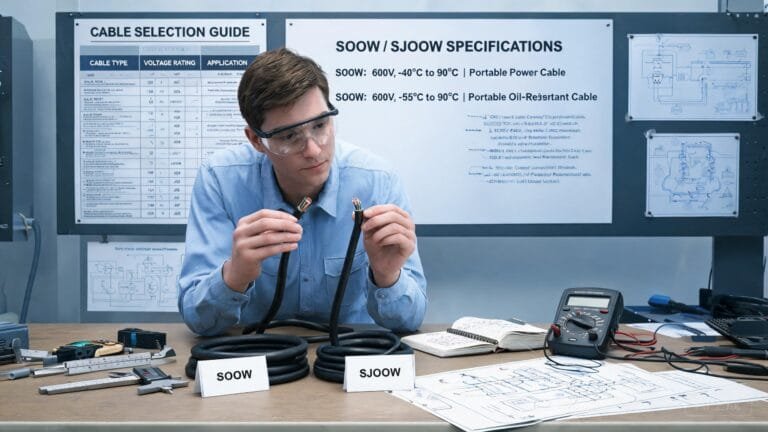 Industrial engineer examining SOOW and SJOOW portable cord samples with cable selection guide and specification charts