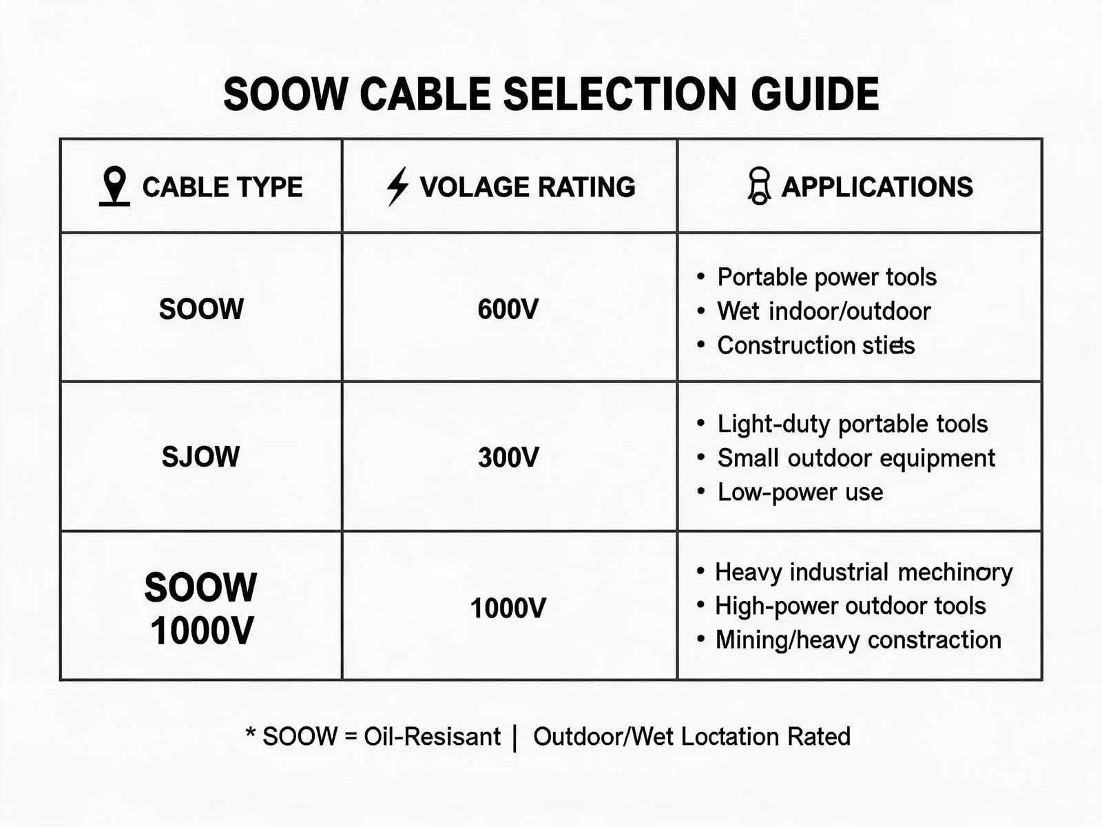 Engineering selection chart showing SOOW cable types organized by voltage rating and application