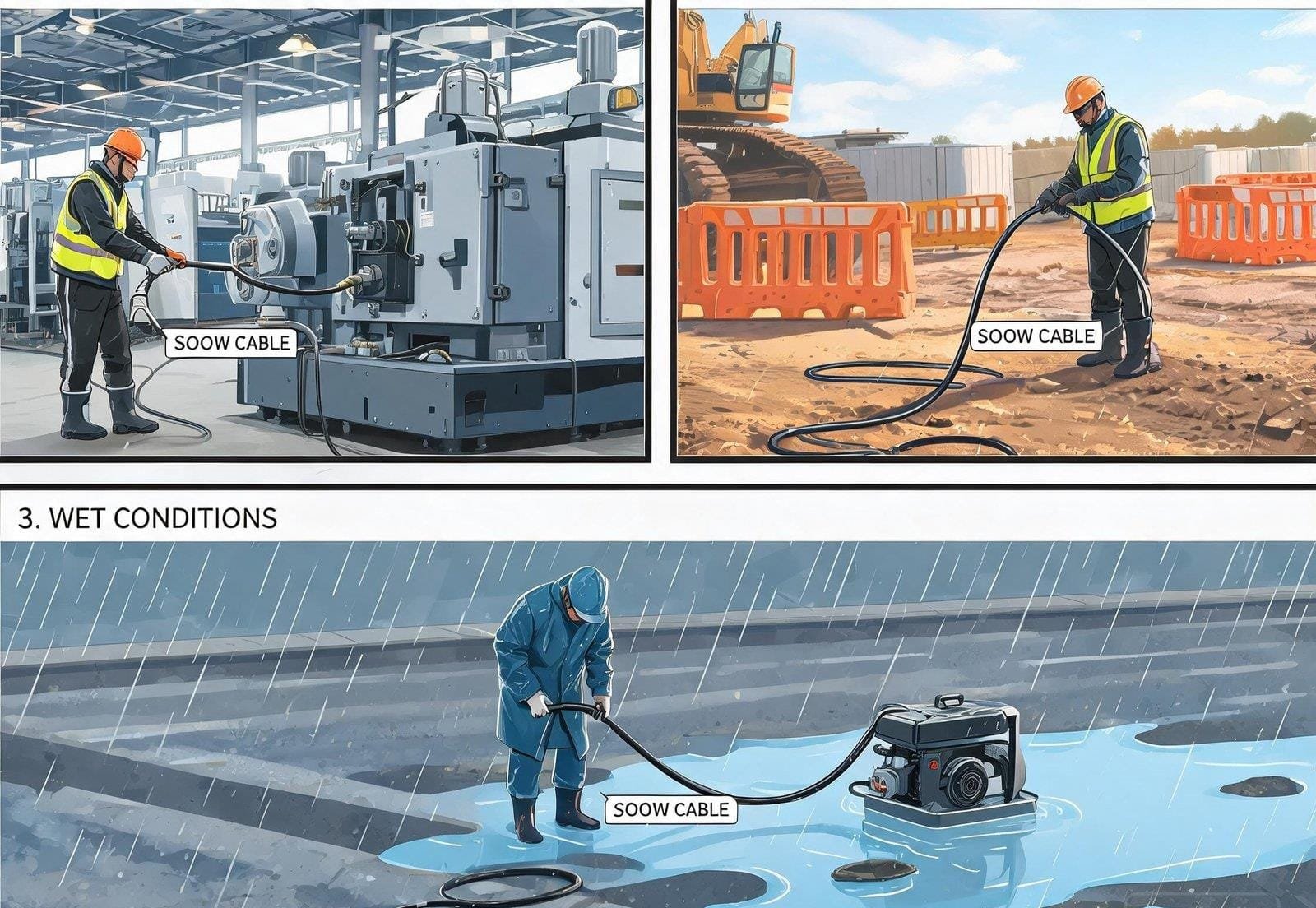 SOOW cable installation in various industrial environments indoor factory outdoor construction and wet conditions