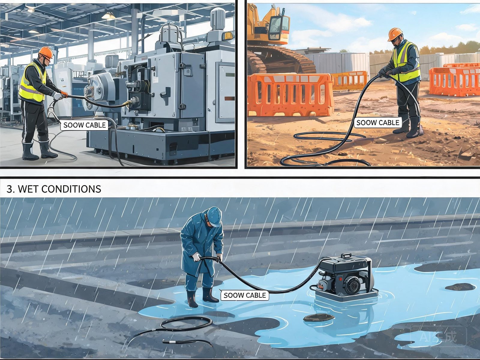 SOOW cable installation in various industrial environments indoor factory outdoor construction and wet conditions