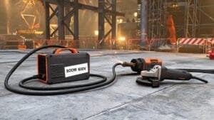 SOOW 600V portable cord cable powering welding equipment on industrial construction site