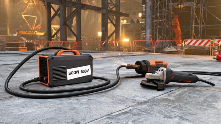 SOOW 600V portable cord cable powering welding equipment on industrial construction site