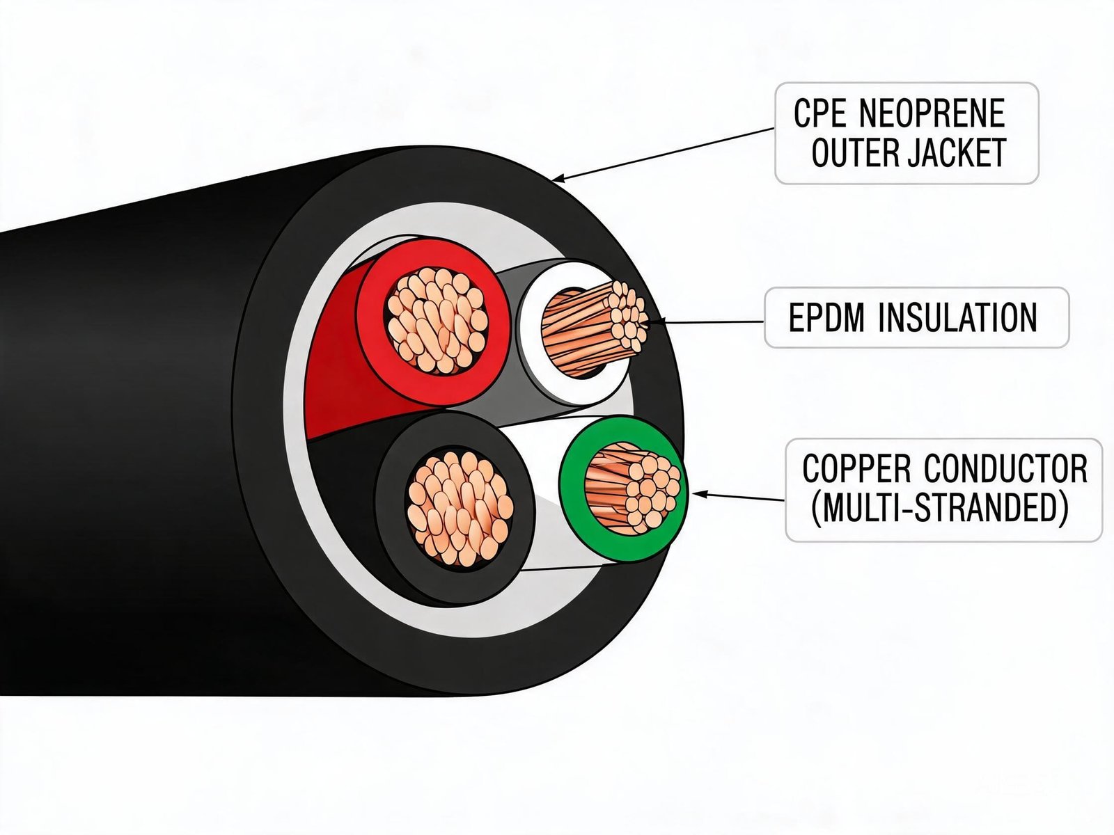 SOOW cable cross-section construction diagram showing copper conductors EPDM insulation and neoprene jacket