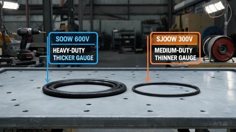 SOOW and SJOOW portable cord comparison showing thickness difference on industrial workbench