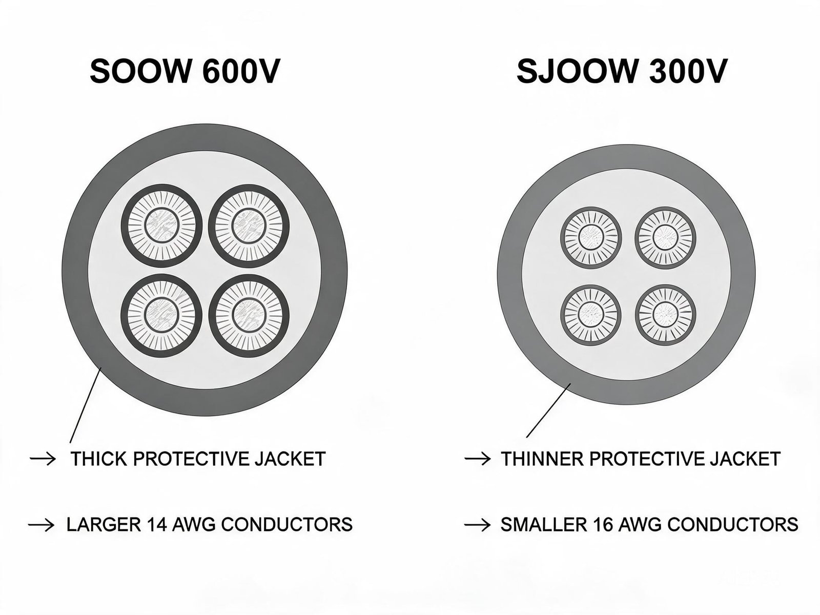 Technical comparison diagram of SOOW 600V and SJOOW 300V portable cord cross-sections showing jacket thickness
