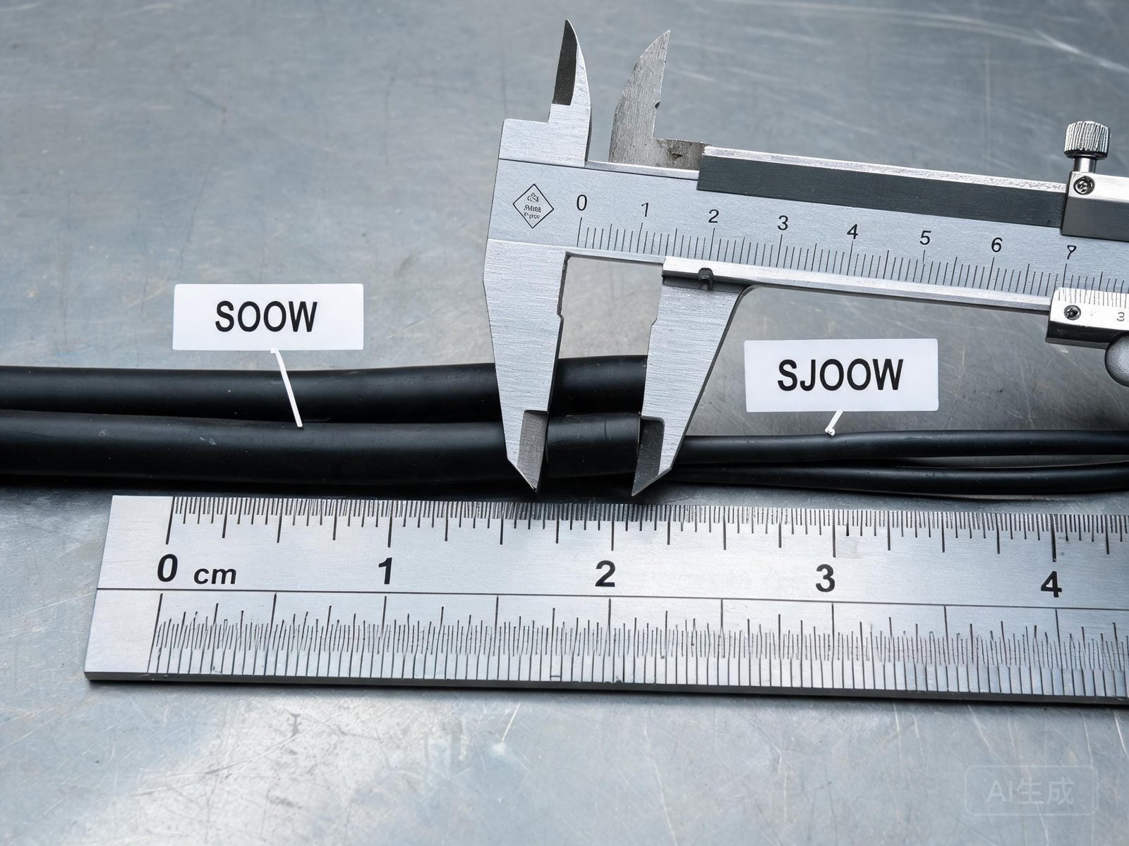 SOOW and SJOOW cables on workbench with caliper measuring diameter difference