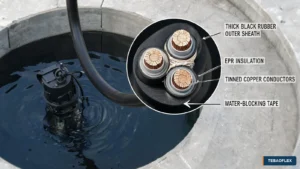 Submersible pump cable and three-core construction for deep-well power supply