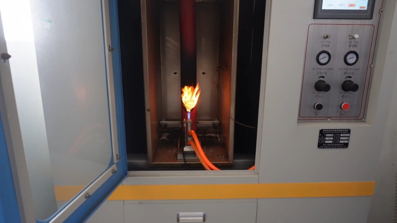 TEBAOFLEX vertical flame propagation test verifying LSZH and flame-retardant cable compounds