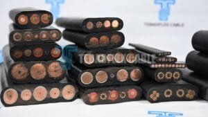 Cross-sections of TEBAOFLEX industrial cable samples arranged for product and specification review.