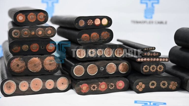 Cross-sections of TEBAOFLEX industrial cable samples arranged for product and specification review.