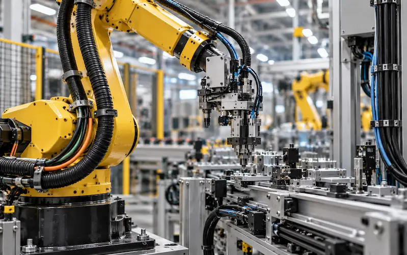 Flexible robotic cable on a factory automation robot arm