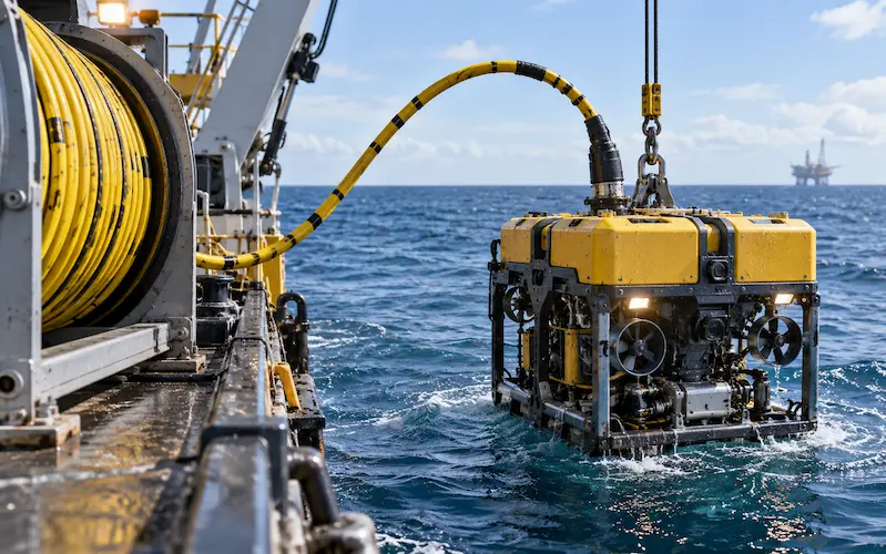 Submersible underwater and ROV tether cable for subsea equipment
