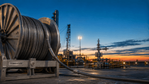 TEC cable reel at an oil and gas wellhead for a downhole tubing encapsulated cable application