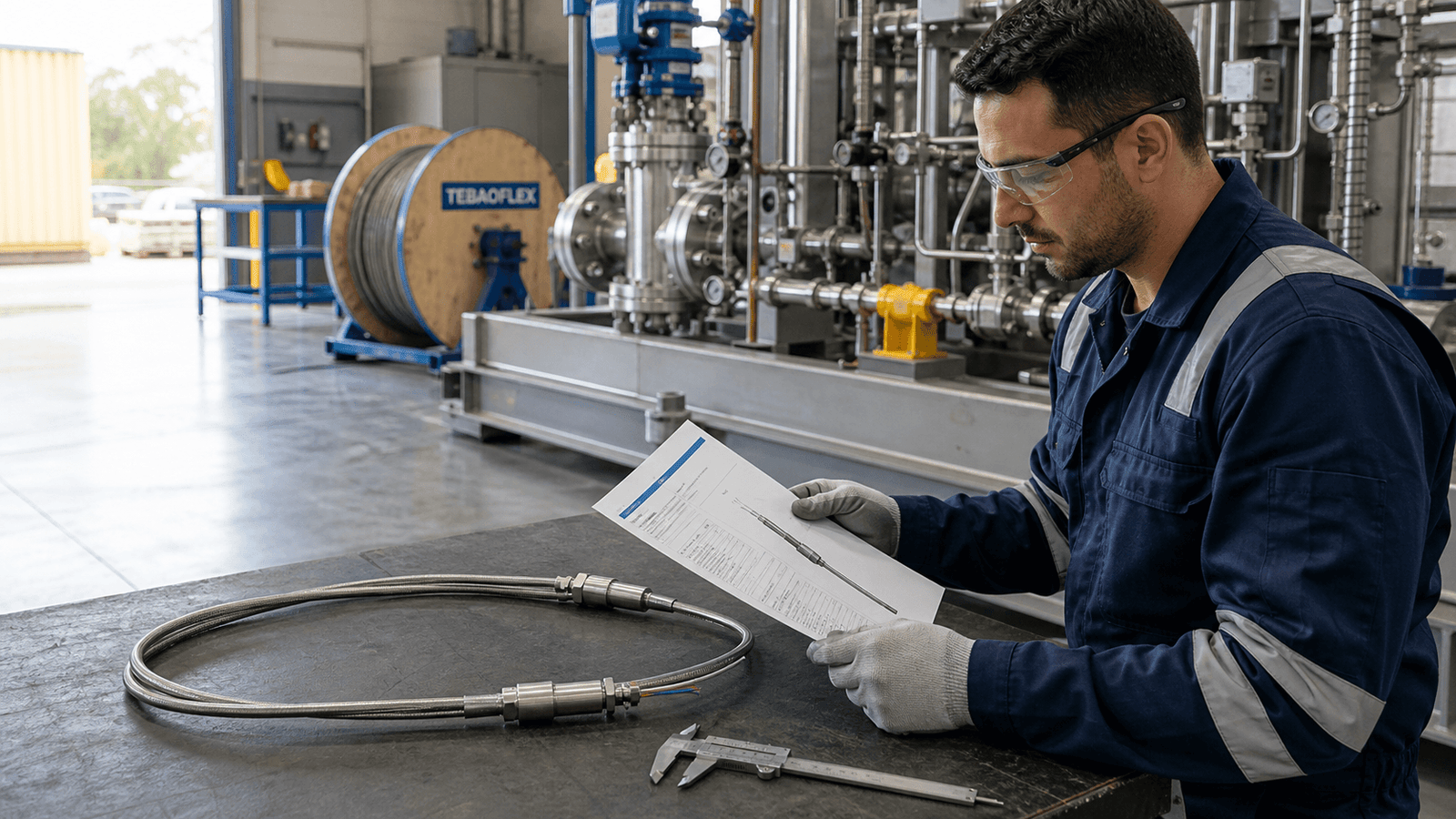Engineer reviewing a tubing encapsulated TEC cable specification beside a cable sample and oil and gas equipment