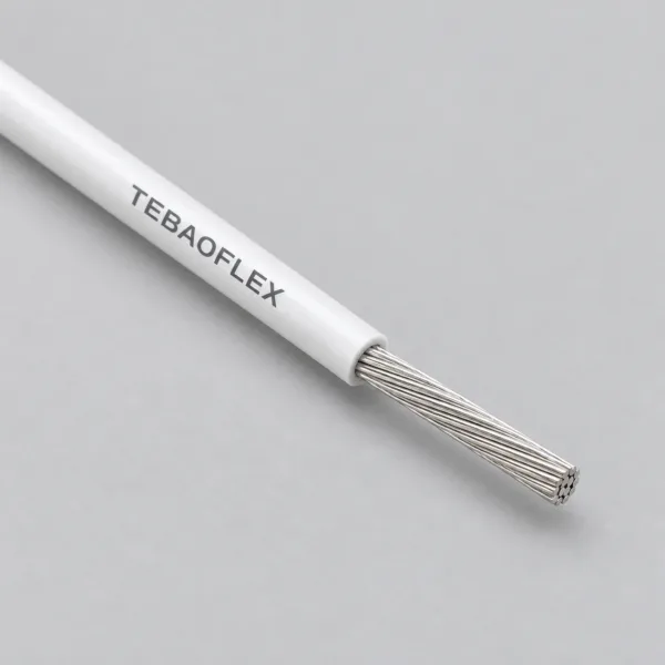 TEBAOFLEX UL 1164 300V AC 150°C extruded PTFE hook-up wire showing fine-stranded silver-plated copper conductor and compact 0.013 in (0.33 mm) white PTFE insulation