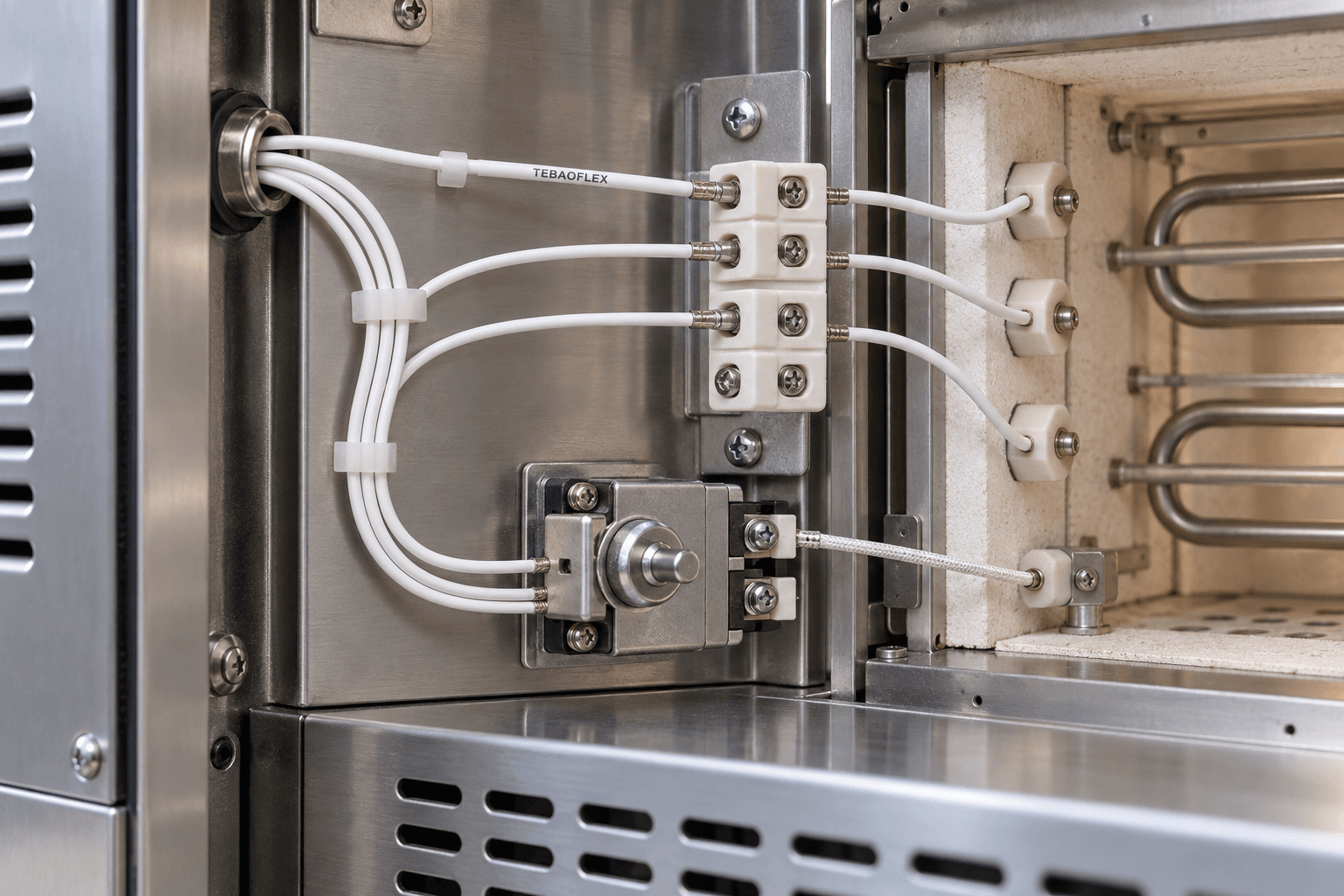 UL 1164 PTFE wire installed in an industrial heating appliance with ceramic terminals