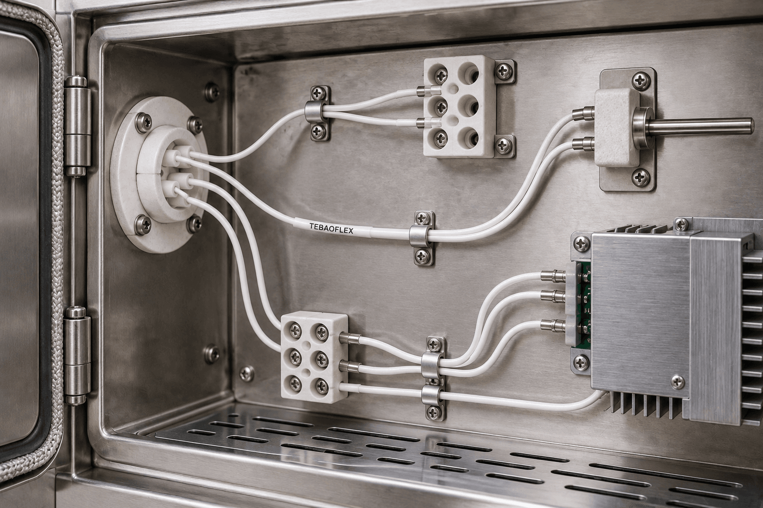 UL 1180 PTFE wire routed between electronic components and ceramic terminals in a thermal enclosure
