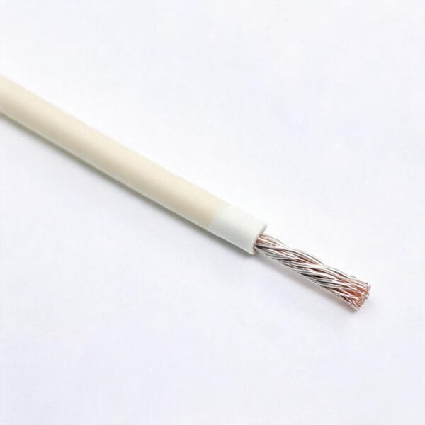TEBAOFLEX UL 1584 PTFE Wire 250C 1000V - white PTFE insulation diagonal wire with exposed tinned copper conductor strands, real product photography