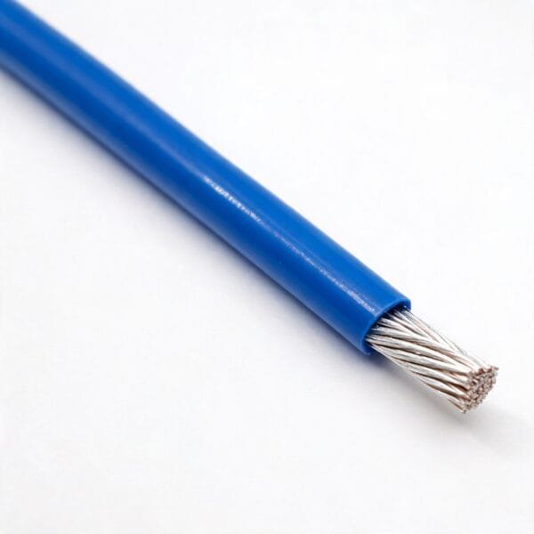 ul-1901-fep-high-temperature-wire-tebaoflex TEBAOFLEX UL 1901 FEP Wire 200C 600V - blue FEP fluoropolymer insulation diagonal wire with exposed tinned copper conductor strands, real product photography