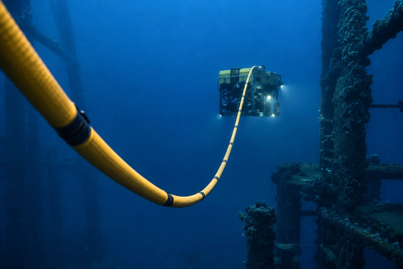 ROV tether cable operating beside subsea equipment in an underwater inspection application