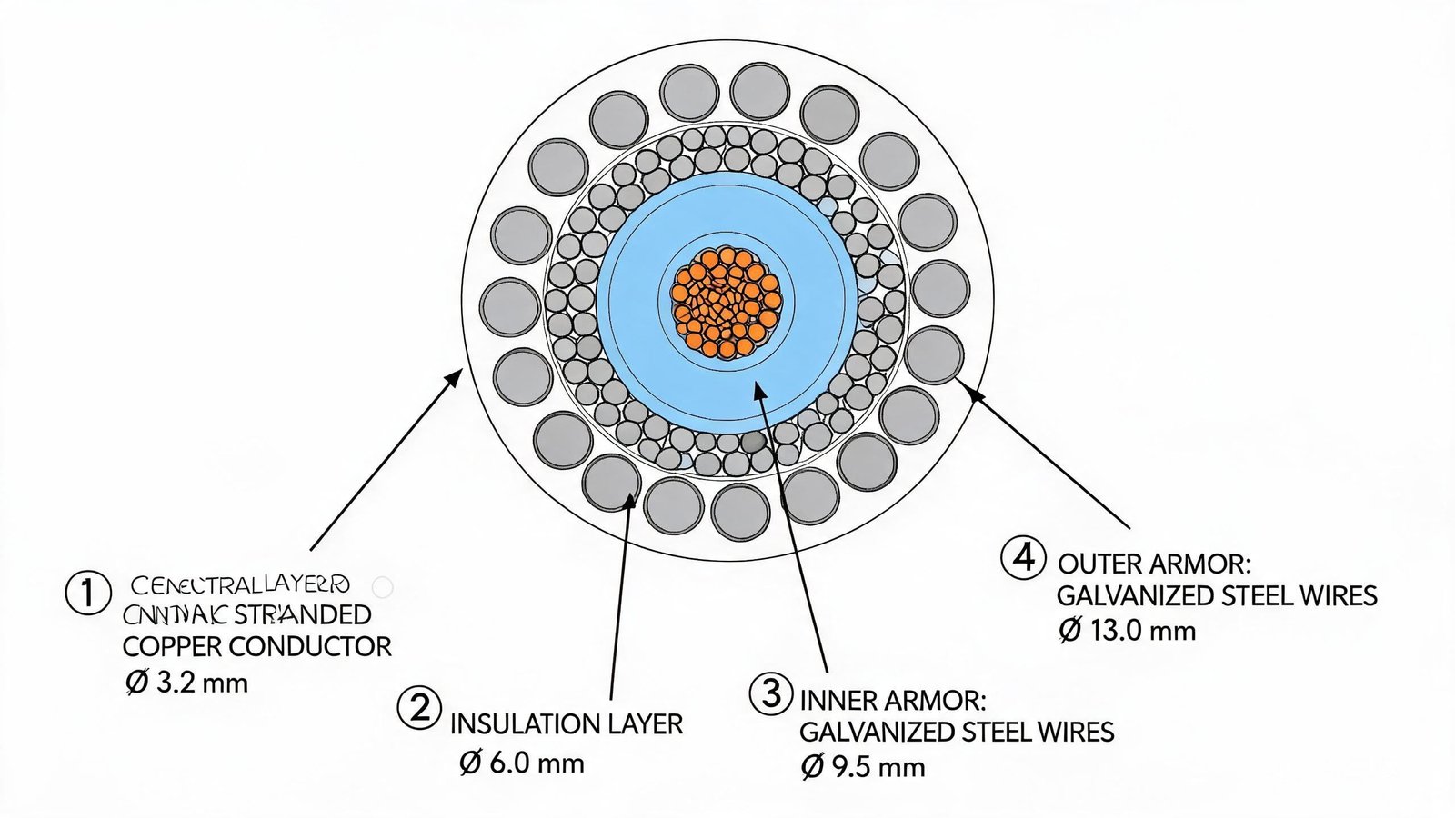 Cross-section diagram of mono conductor wireline cable showing stranded copper conductor, insulation, inner armor and outer armor layers