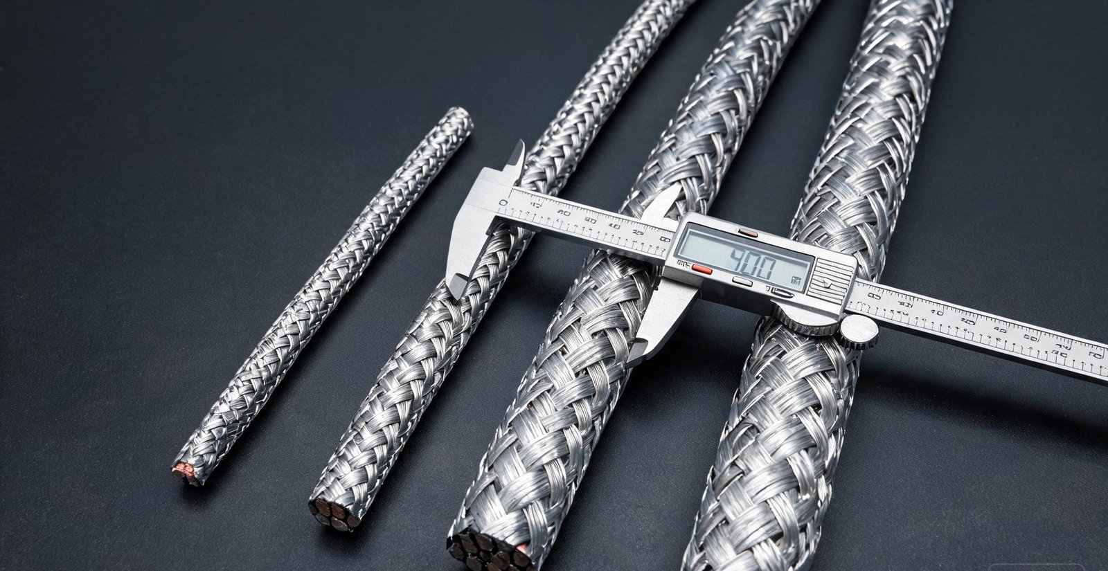 Various sizes of armored mono conductor wireline cable samples with digital caliper measuring diameter