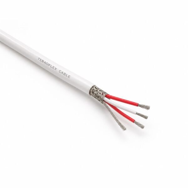 200C Shielded RTD Sensor Cable 300V 18 AWG - TEBAOFLEX CABLE TEBAOFLEX 200C 300V 18 AWG shielded RTD temperature sensor cable with white fluoropolymer jacket, nickel-plated copper braid shield, drain wire, and fine-stranded nickel-plated copper conductors