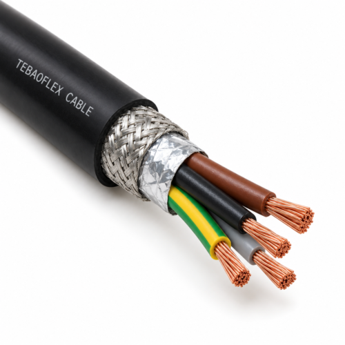 Illustrative four-core black 2XSLCYK-J VFD motor cable cutaway showing copper conductors, XLPE insulation, foil and tinned-copper braid screens