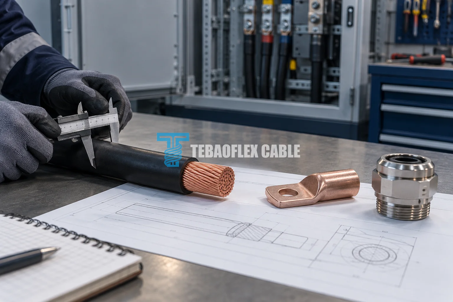 Engineer comparing flexible power cable outside diameter with candidate lug, gland and equipment drawing