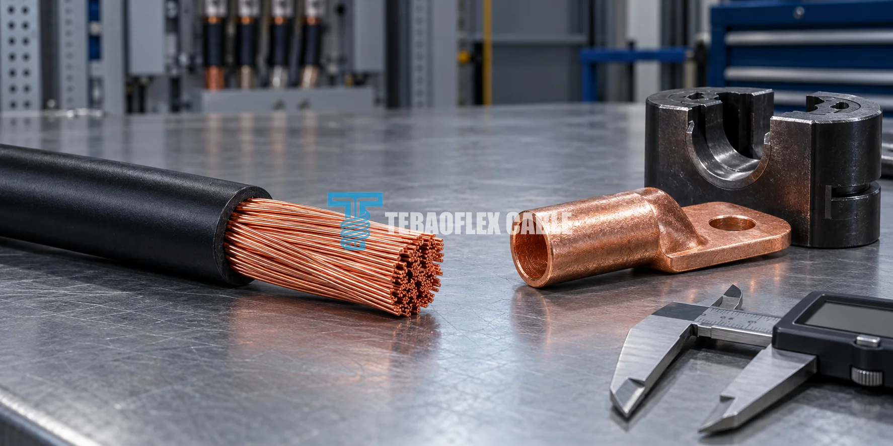 Fine-stranded copper cable sample beside a compression lug, crimp die and caliper on an industrial bench