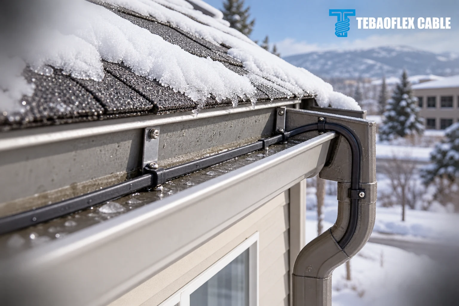 Conceptual black self-regulating heating cable routed along a snow-covered roof gutter and downspout