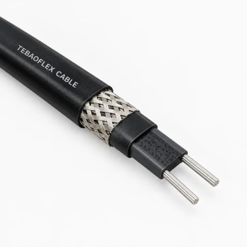 Illustrative black self-regulating heating cable cutaway showing two bus wires, conductive core, tinned copper braid and TEBAOFLEX CABLE jacket print