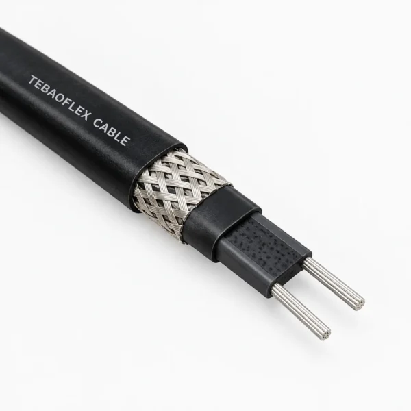 Illustrative black self-regulating heating cable cutaway showing two bus wires, conductive core, tinned copper braid and TEBAOFLEX CABLE jacket print