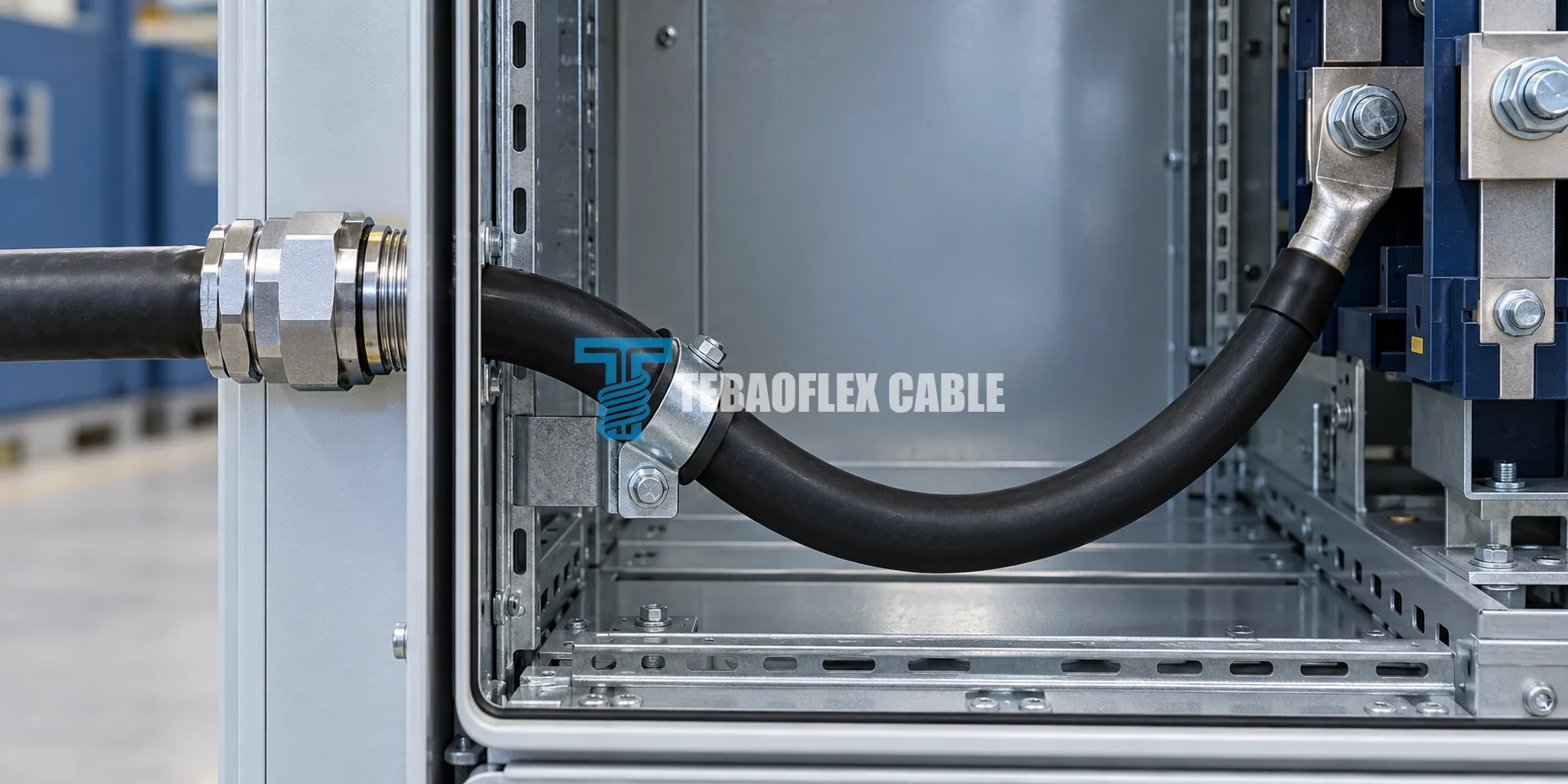 Flexible power cable entering a switchgear cabinet through a metal gland with separate strain relief and bend support