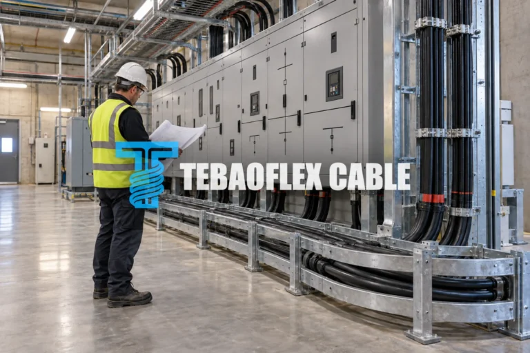 Illustrative industrial switchgear room with a protected fixed power-cable route and engineer reviewing the installation