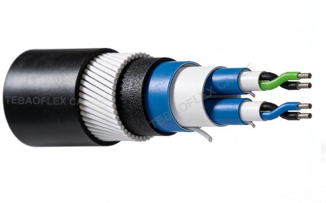 Cutaway of individually and overall screened multi-pair instrumentation cable with steel-wire armour