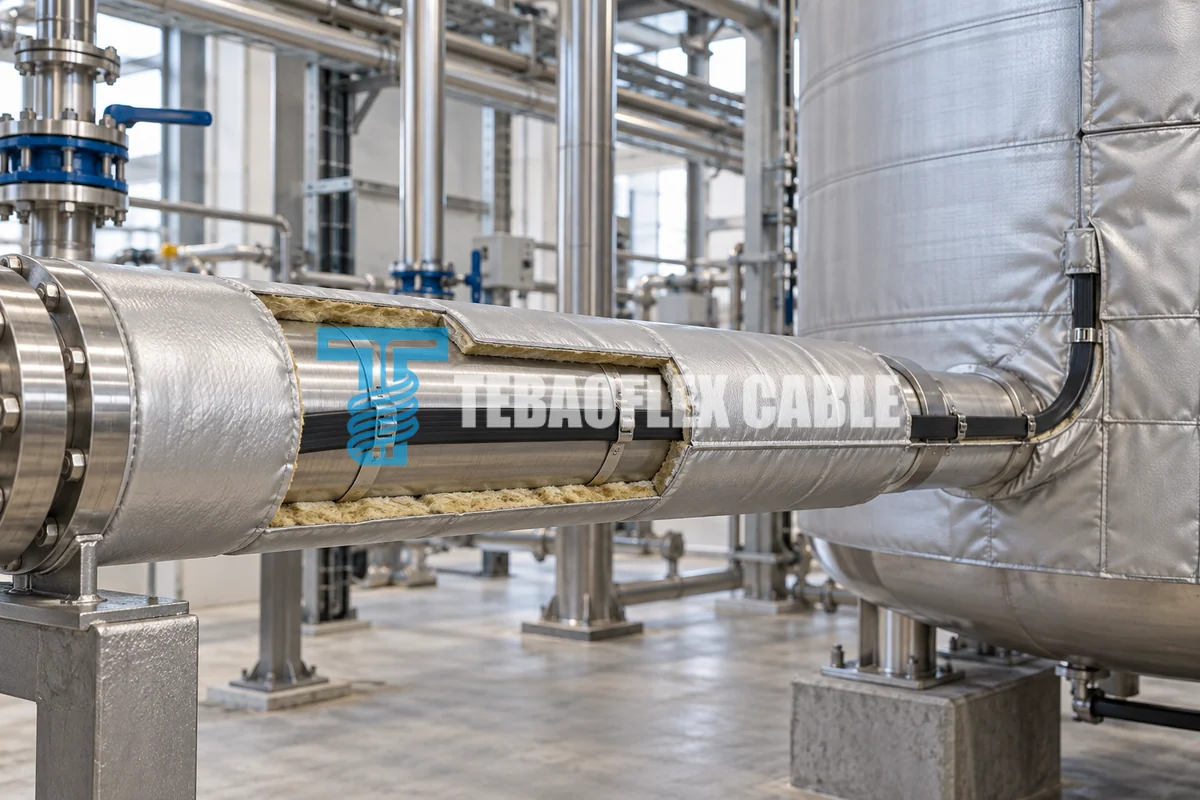 Conceptual self-regulating heat trace cable secured to an insulated process pipe beside a storage tank