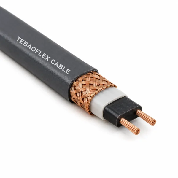 MCA Self-Regulating Heat Trace Cable - Construction Illustration Illustrative MCA self-regulating heat trace cable cutaway with two copper bus wires, conductive core, insulating layer and copper braid