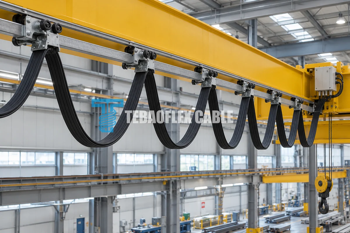 NGFLGOEU flat festoon cable loops carried by an overhead crane trolley system inside an industrial facility