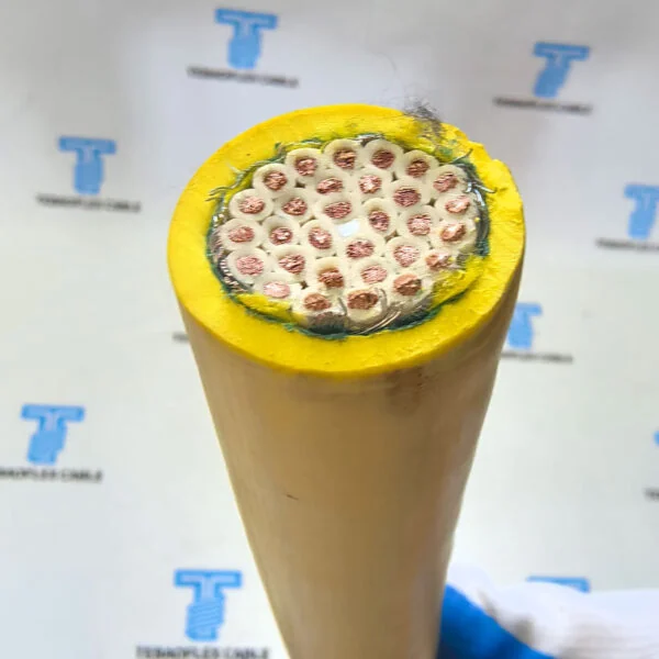 (N)SHTÖU-J yellow multicore cable section showing fine stranded copper cores and anti-torsion reinforcement