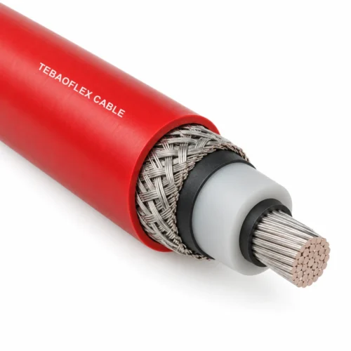 NTMCWOEU 26/45 kV Pantograph Cable Construction Red single-core 26/45 kV pantograph cable cutaway showing tinned copper conductor, insulation and metallic screen
