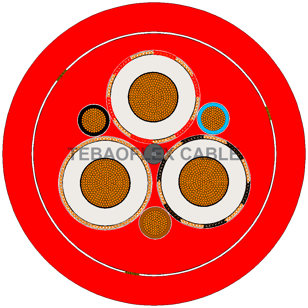 Cross-section diagram of (N)TSCGECECWÖU Medium-Voltage TBM Reeling Cable with centered TEBAOFLEX CABLE watermark