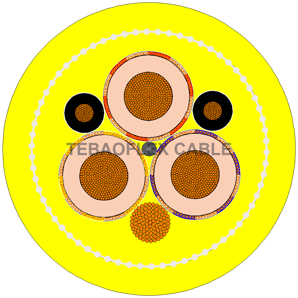 Cross-section diagram of (N)TSCGECEWÖU-GCC Ground-Check Reeling Cable with centered TEBAOFLEX CABLE watermark