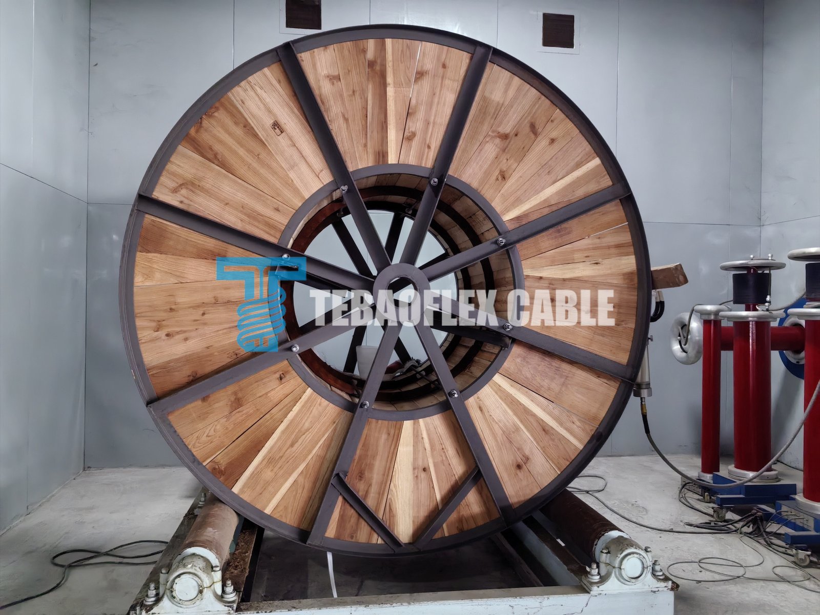 Full cable reel connected to partial discharge and high-voltage test equipment during factory acceptance testing