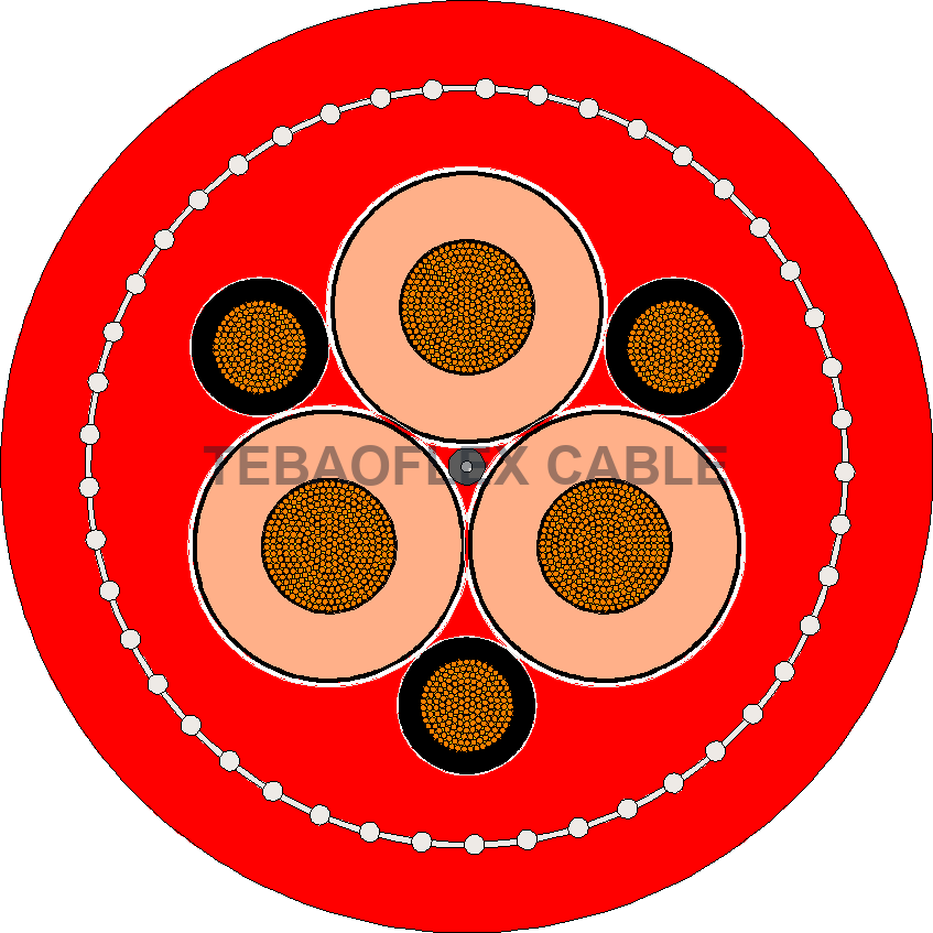 Cross-section diagram of (N)TSCGEWÖU (SMK) Oil-Resistant Trailing Cable with centered TEBAOFLEX CABLE watermark
